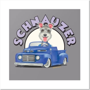 Cute Schnauzer mini puppy retro ready to ride in Classic Blue Truck Posters and Art